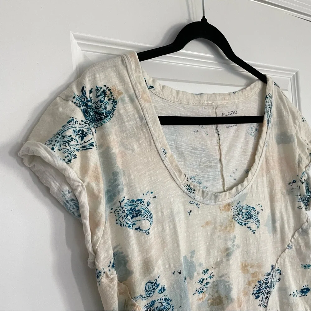 Anthropologie Pilcro Cream and Blue Patterned Cotton Short Sleeve Top - Picture 4 of 9